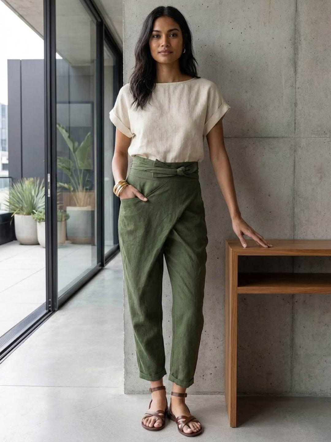 Yara | Damen hose High Waist Wickeloptik Bindegürtel