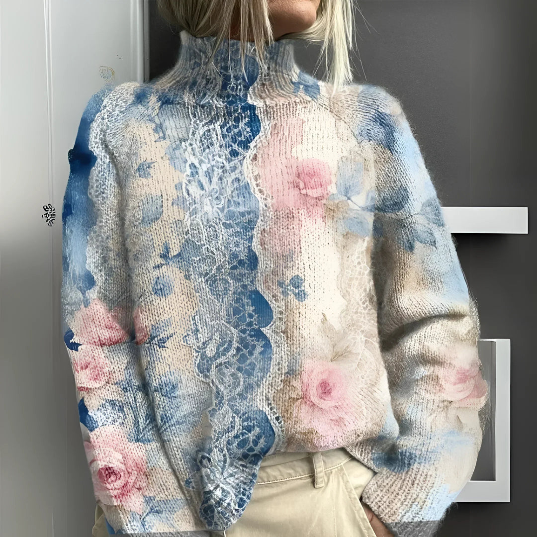 Hildegard | Damen Strickpullover Rollkragen Blumenmuster - Image 1