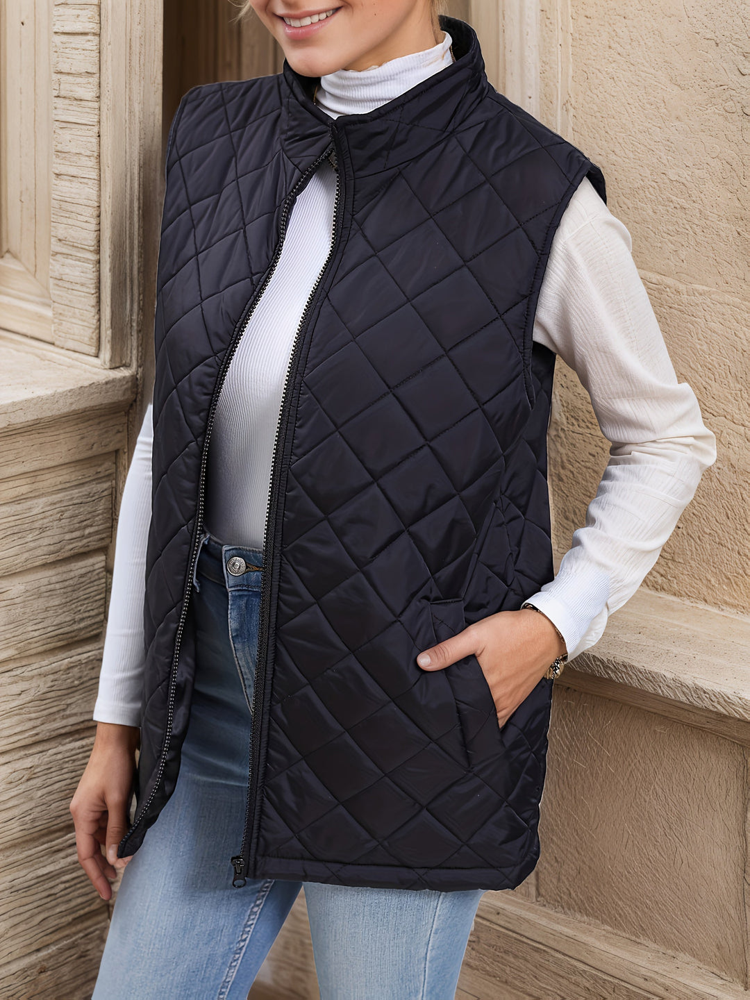 Hildrun | Damen Steppweste Lang Ärmellos Schwarz - Black - Image 3