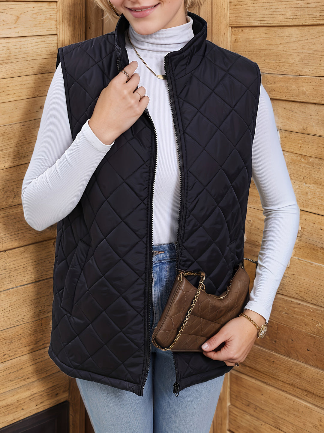 Hildrun | Damen Steppweste Lang Ärmellos Schwarz - Black - Image 4