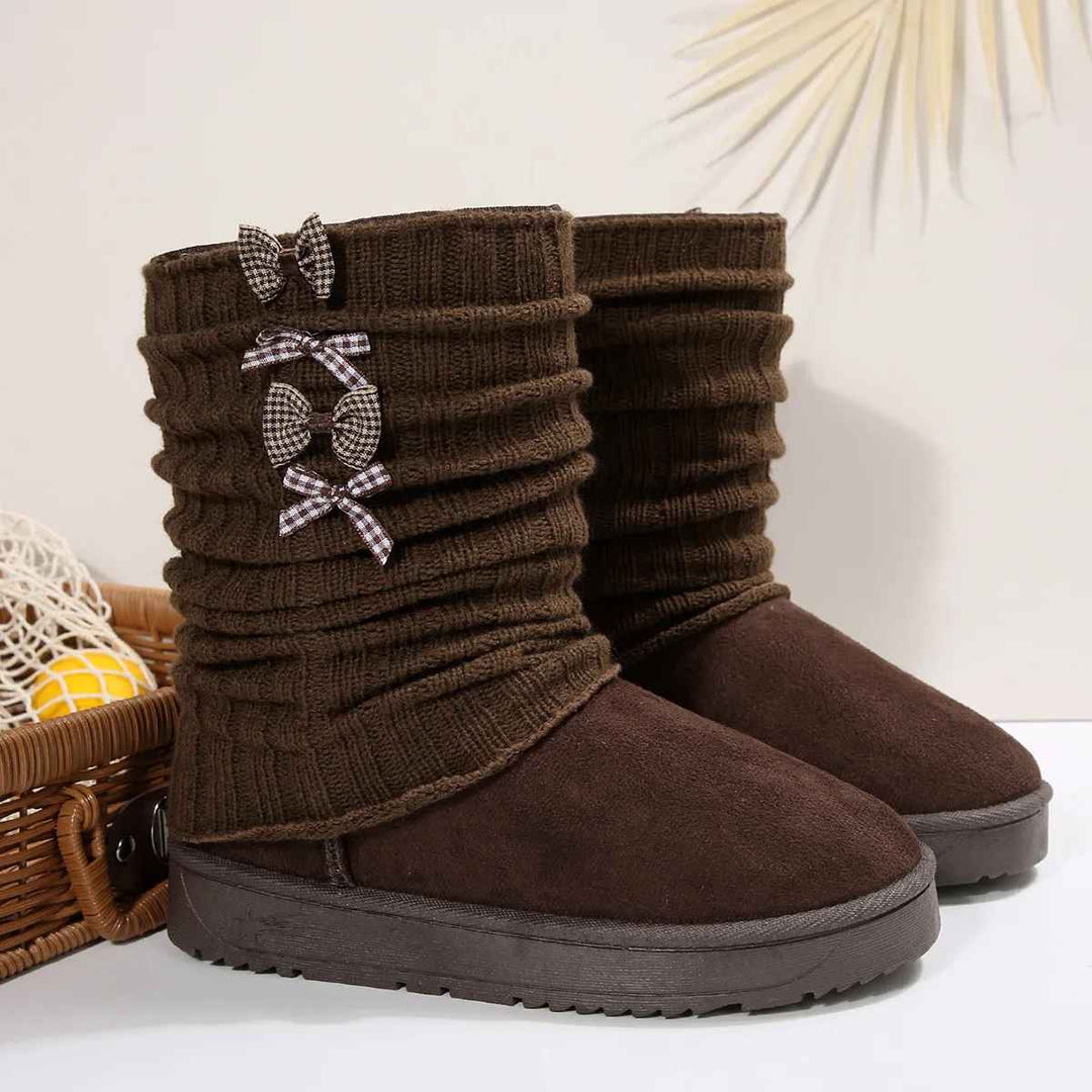 Hildrun | Damen Winterstiefel mit Strickschaft und Schleife - Dark Brown - Image 1