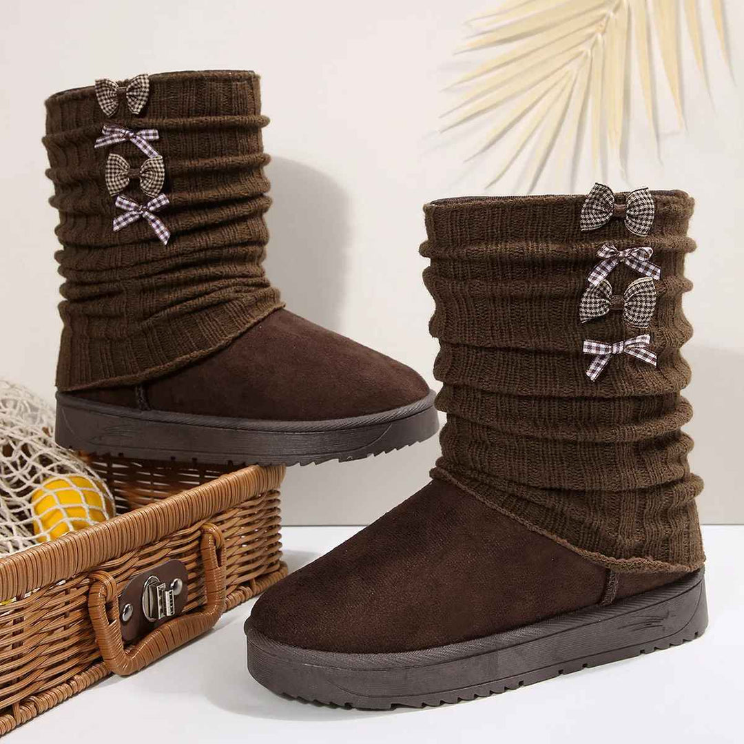Hildrun | Damen Winterstiefel mit Strickschaft und Schleife - Dark Brown - Image 2