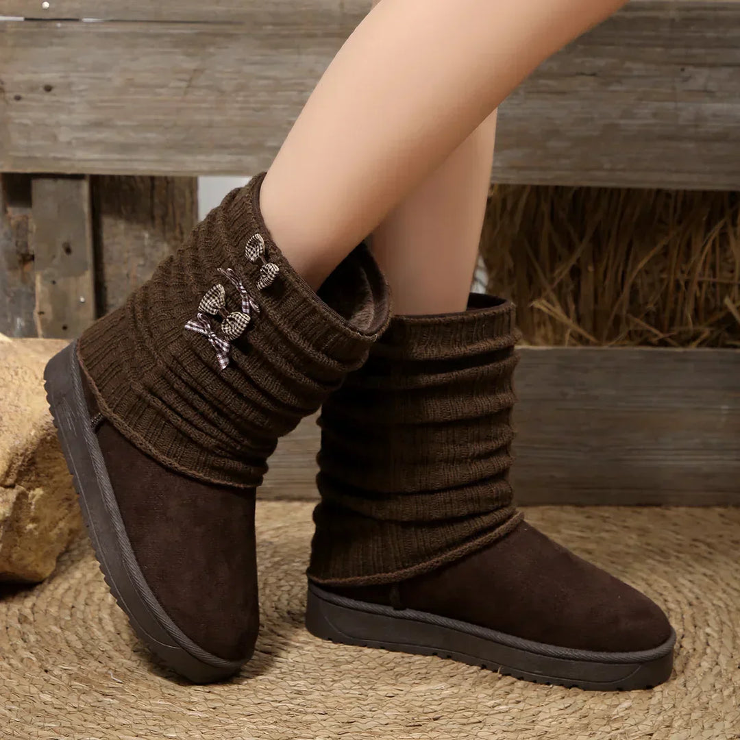 Hildrun | Damen Winterstiefel mit Strickschaft und Schleife - Dark Brown - Image 4