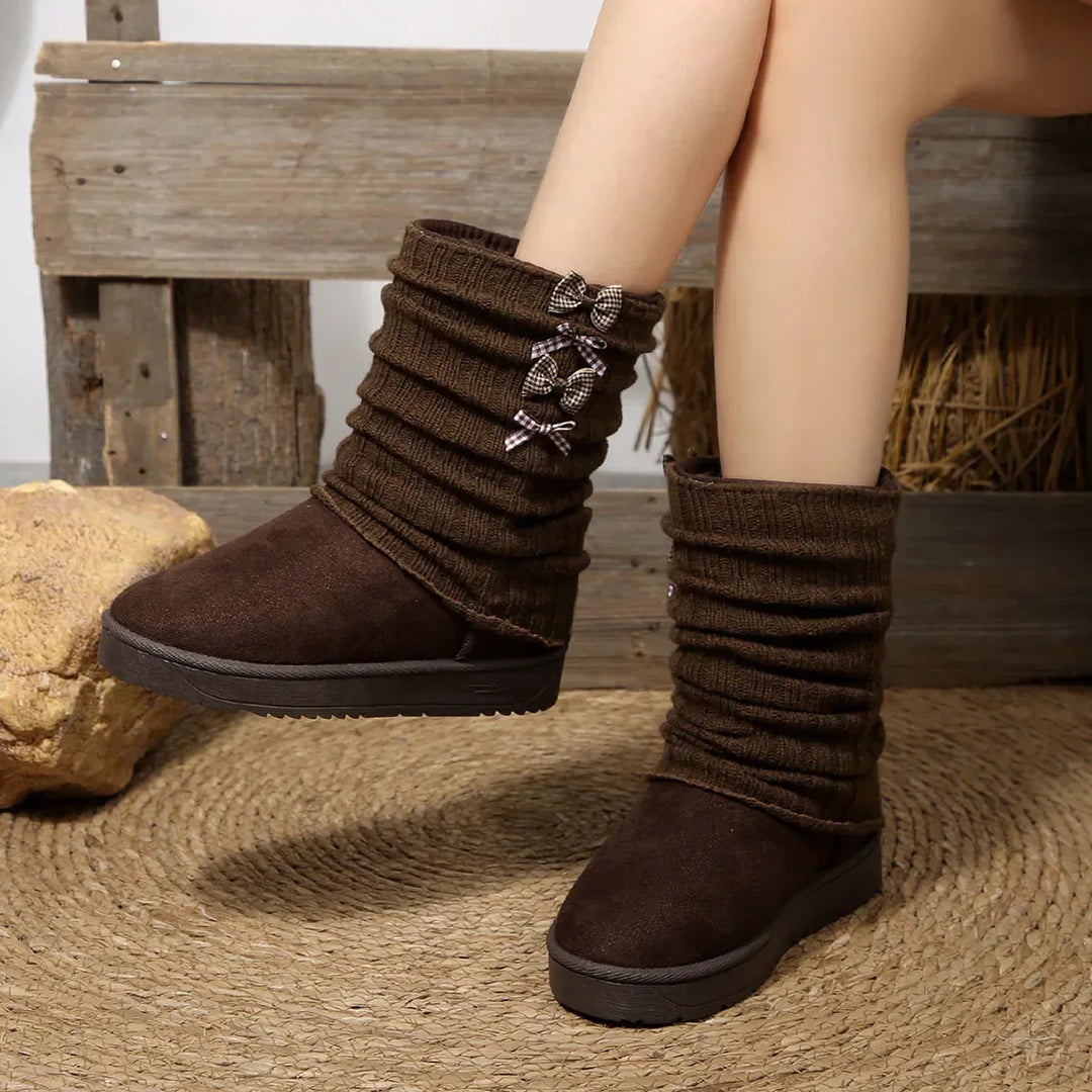 Hildrun | Damen Winterstiefel mit Strickschaft und Schleife - Dark Brown - Image 6