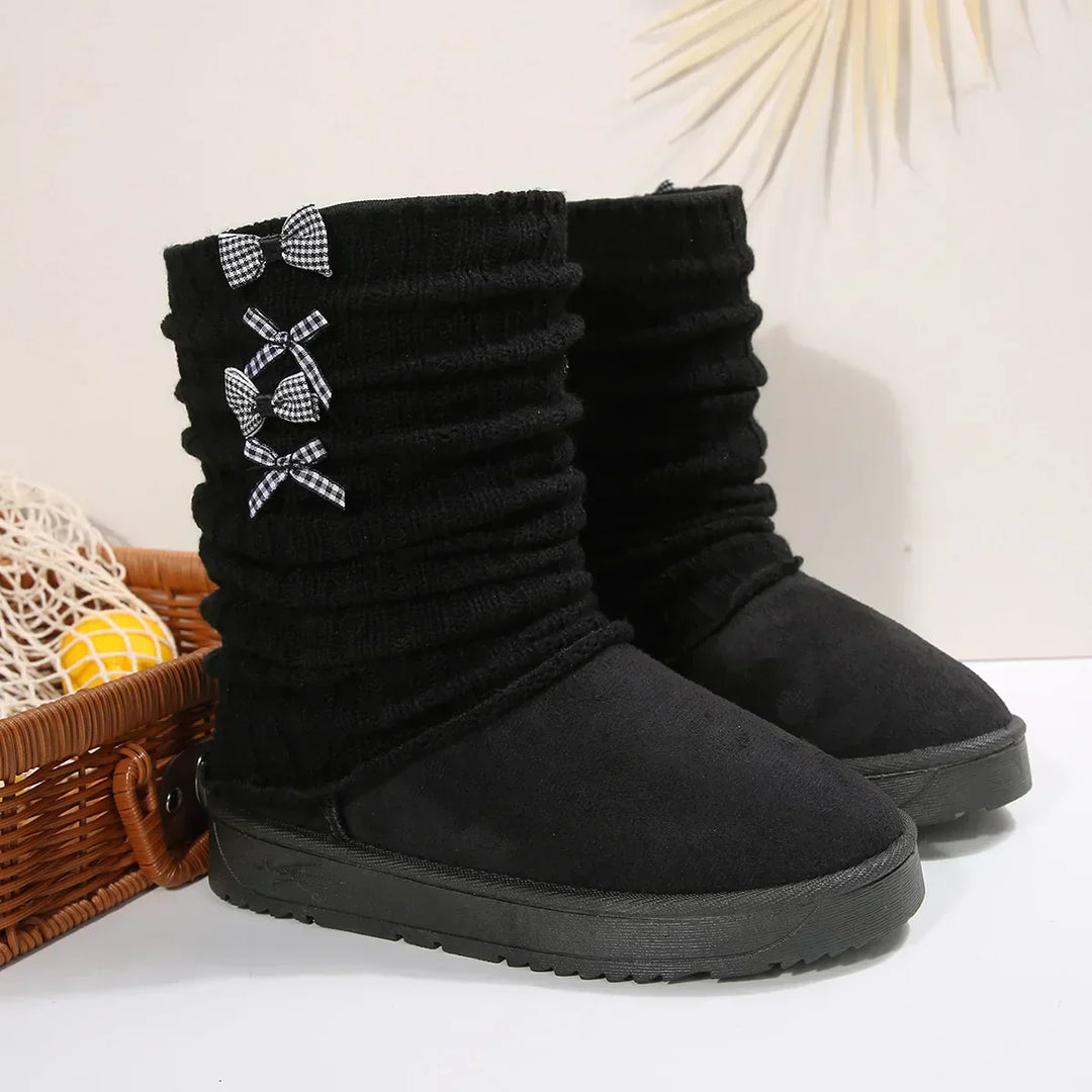 Hildrun | Damen Winterstiefel mit Strickschaft und Schleife - Dark Brown - Image 7