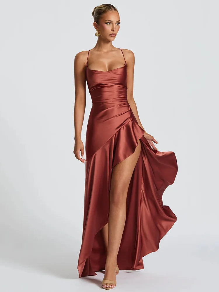 Ilaria | Damen Abendkleid Spaghettiträger Maxi mit Schlitz - Burgundy - Image 1