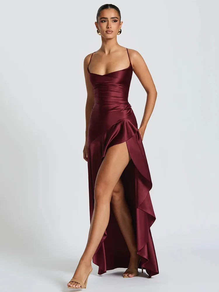 Ilaria | Damen Abendkleid Spaghettiträger Maxi mit Schlitz - Burgundy - Image 10