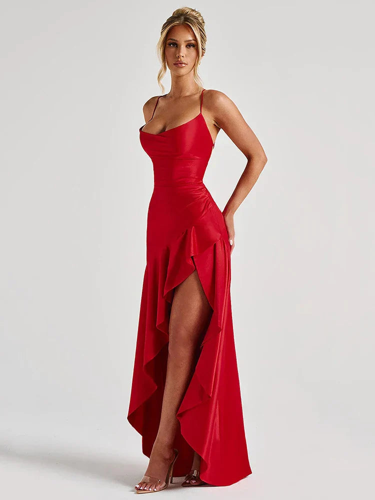 Ilaria | Damen Abendkleid Spaghettiträger Maxi mit Schlitz - Burgundy - Image 3
