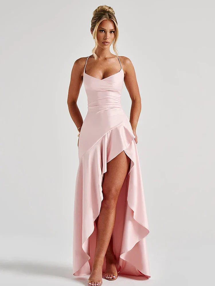 Ilaria | Damen Abendkleid Spaghettiträger Maxi mit Schlitz - Burgundy - Image 6