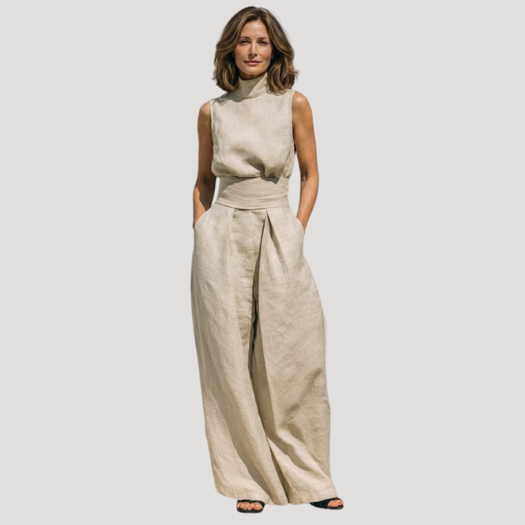 Ilaria | Damen Zweiteiler Rollkragen Oberteil Weite Hose Set - Beige - Image 1