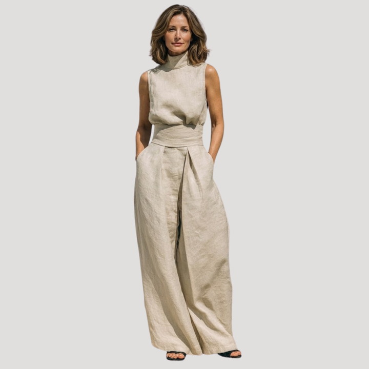Ilaria | Damen Zweiteiler Rollkragen Oberteil Weite Hose Set - Beige - Image 1
