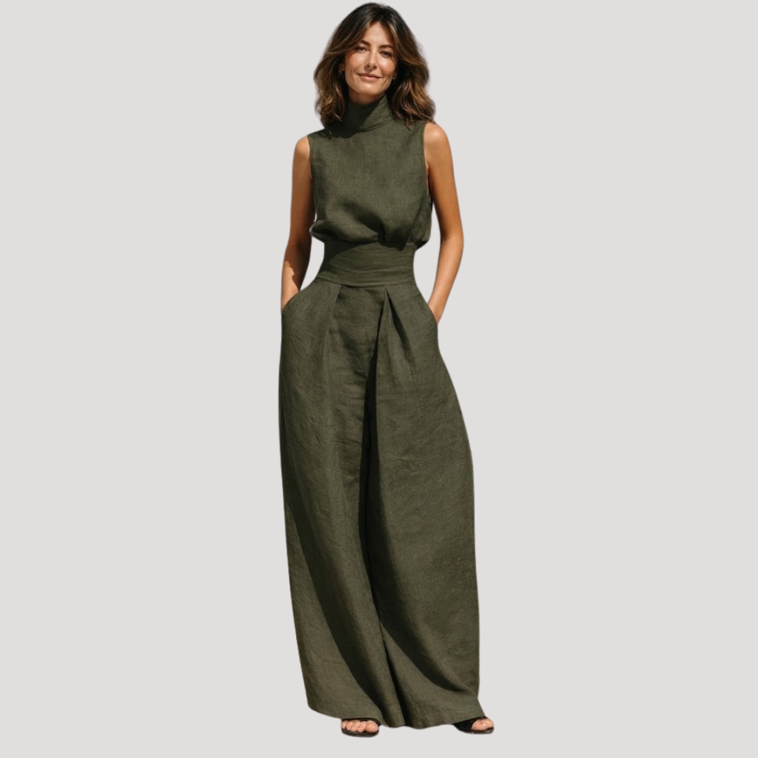 Ilaria | Damen Zweiteiler Rollkragen Oberteil Weite Hose Set - Beige - Image 3