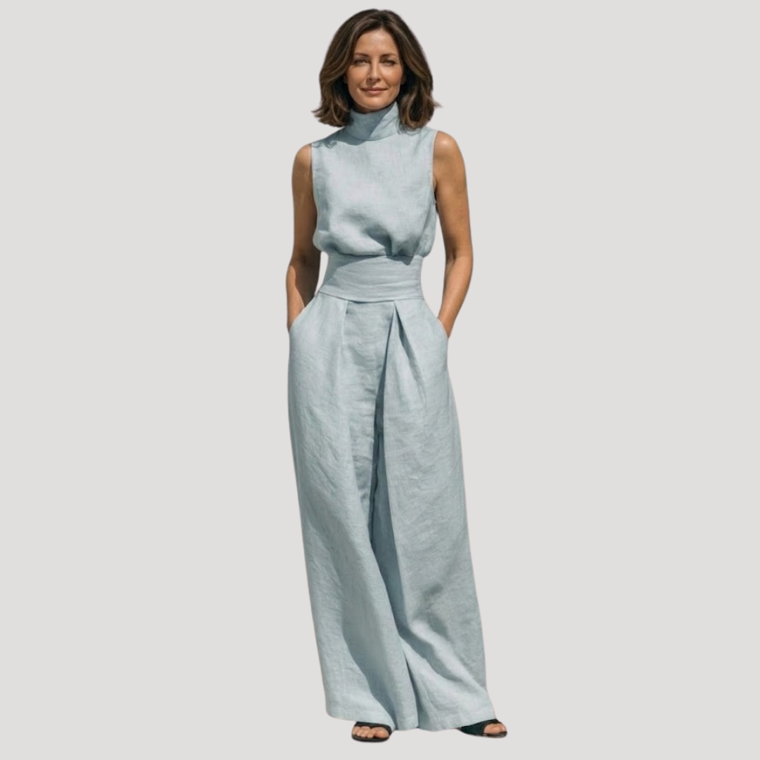 Ilaria | Damen Zweiteiler Rollkragen Oberteil Weite Hose Set - Beige - Image 4
