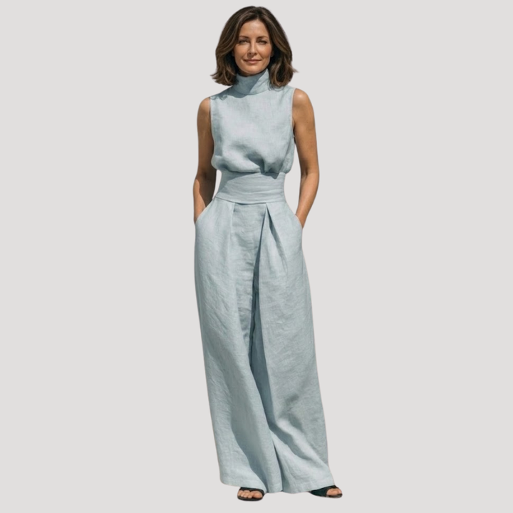 Ilaria | Damen Zweiteiler Rollkragen Oberteil Weite Hose Set - Beige - Image 4