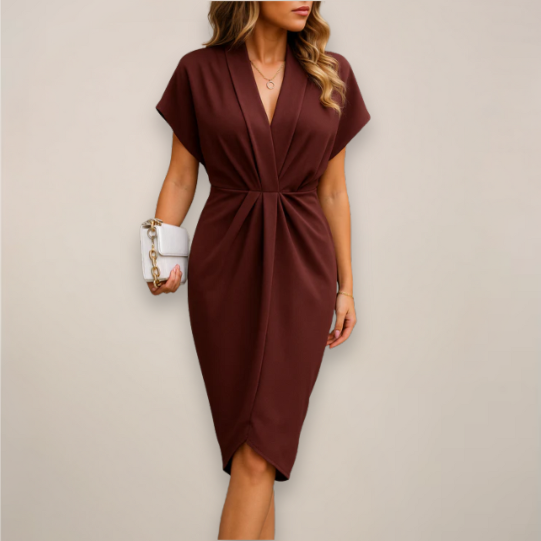 Ilka | Damen Midikleid V-Ausschnitt Knoten Seitenschlitz - Black - Image 5