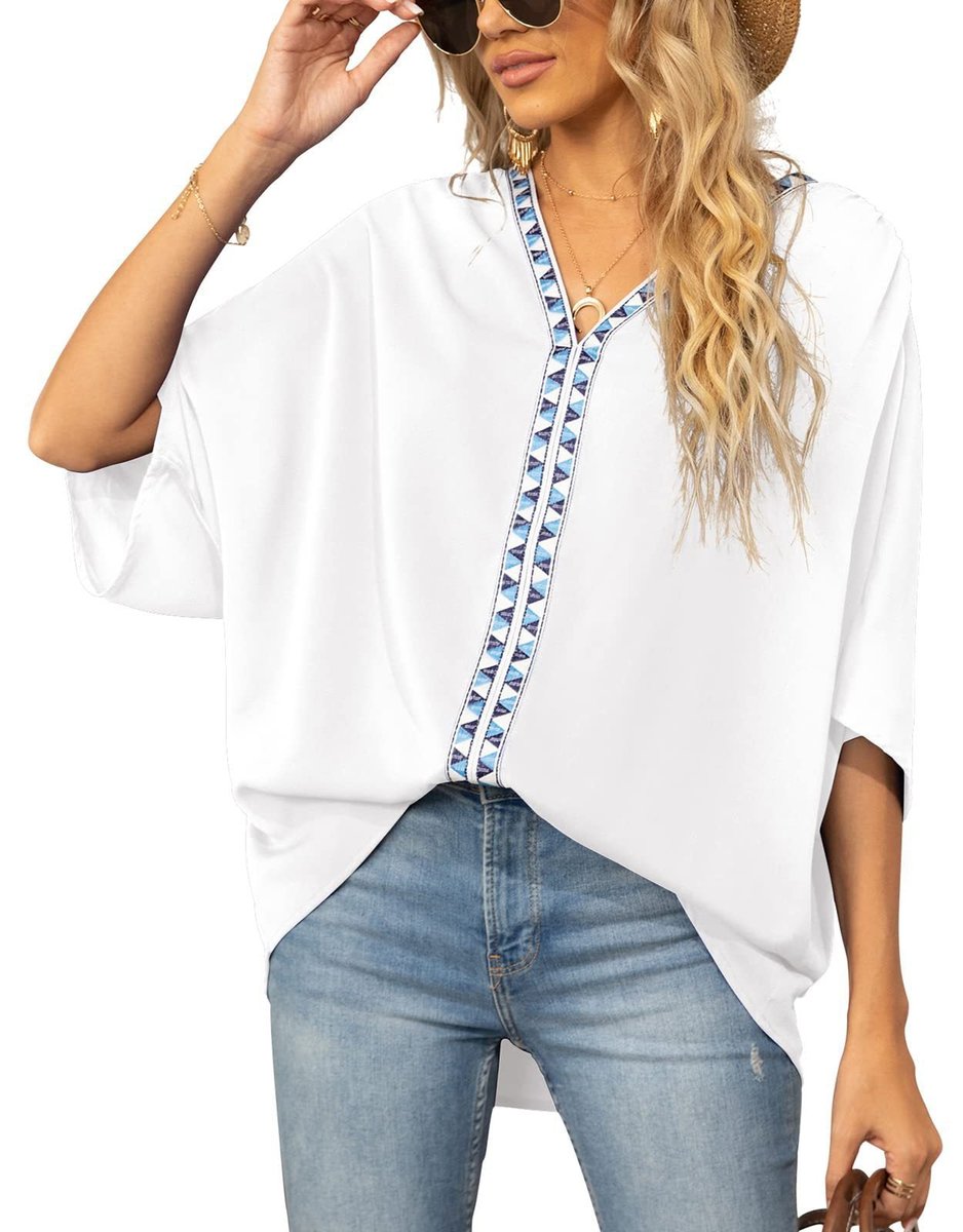 Ilka | Damen Oversized Tunika V-Ausschnitt Stickerei - White - Image 5