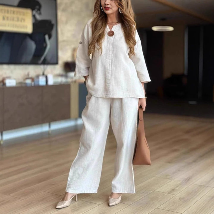 Ilona | Damen Tunika Palazzo-Hosen Zweiteiler Set - Cream - Image 1