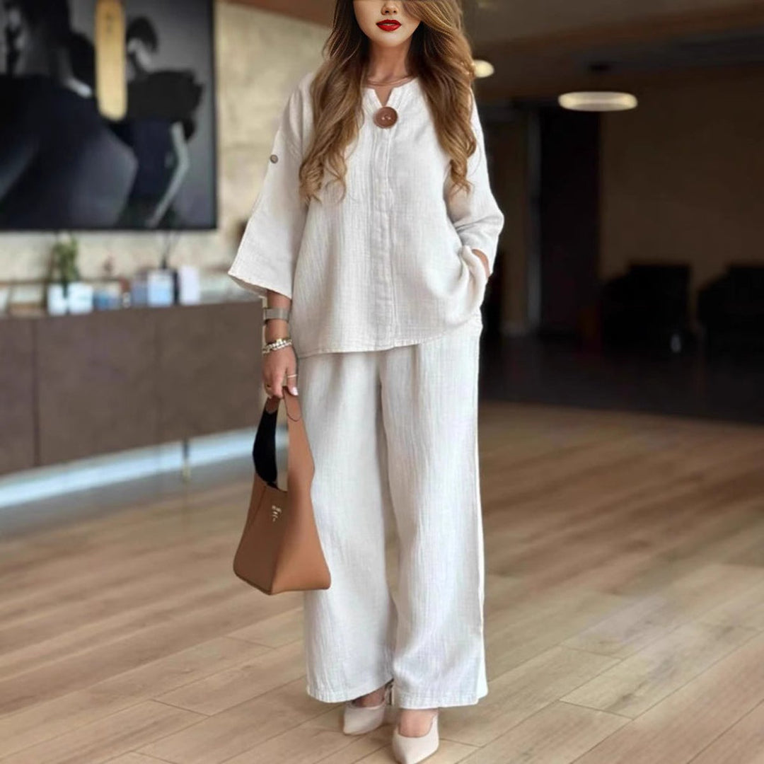Ilona | Damen Tunika Palazzo-Hosen Zweiteiler Set - Cream - Image 2