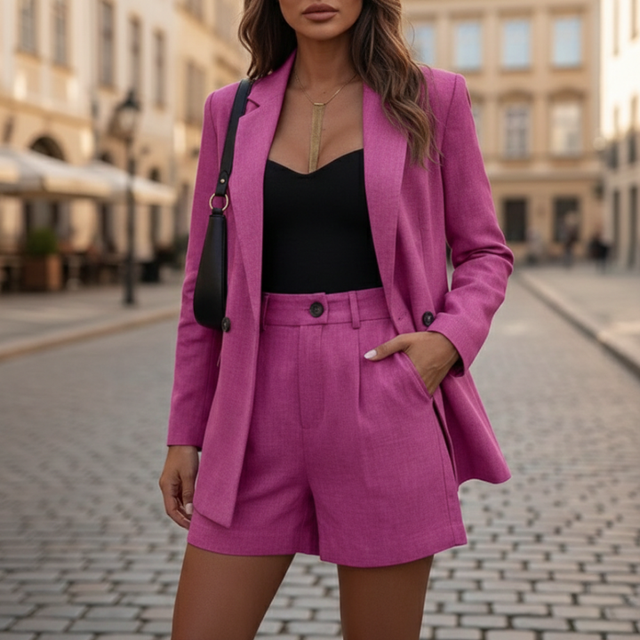 Ilsena | Damen Zweireihiger Blazer Shorts Set Hosenanzug - Navy - Image 11