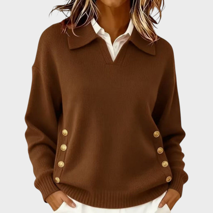 Ilvana | Damen Strickpullover mit Kragen - Brown - Image 1