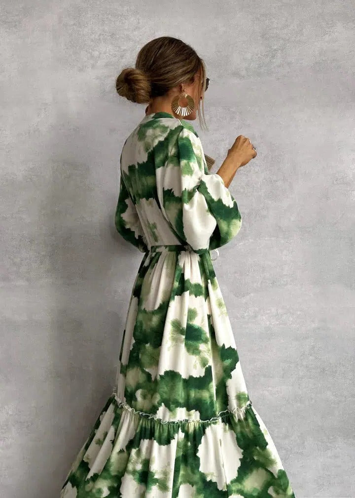 Palma | Damen Maxikleid mit Tie-Dye Muster, Langarm V-Ausschnitt
