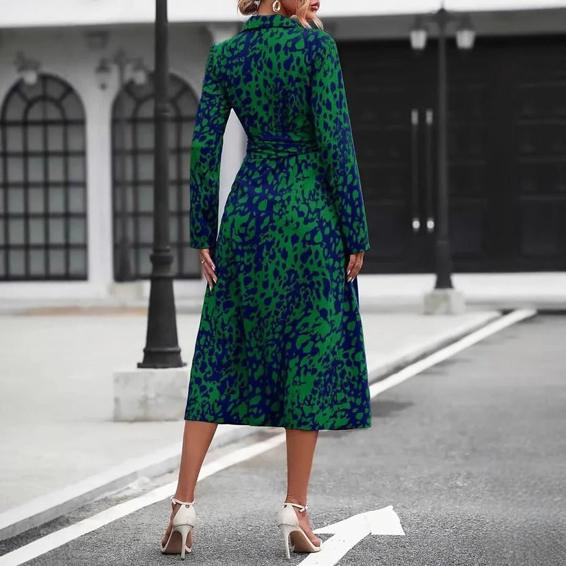 Valentina | Damen Hemdblusenkleid Midi, A-Linie mit Bindegürtel Print