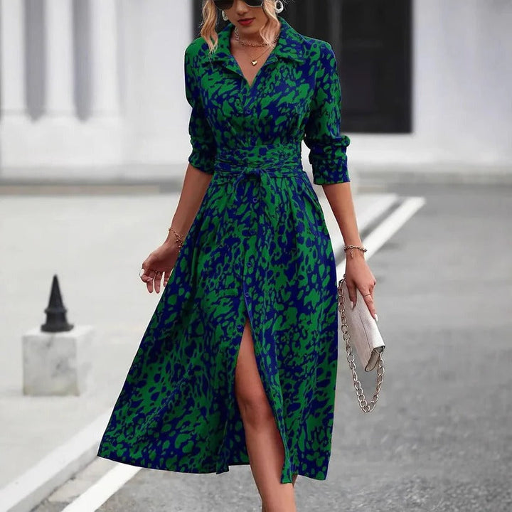 Valentina | Damen Hemdblusenkleid Midi, A-Linie mit Bindegürtel Print