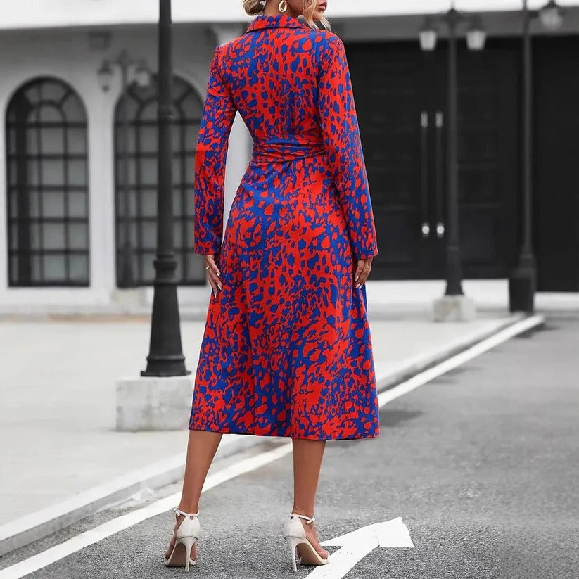 Valentina | Damen Hemdblusenkleid Midi, A-Linie mit Bindegürtel Print