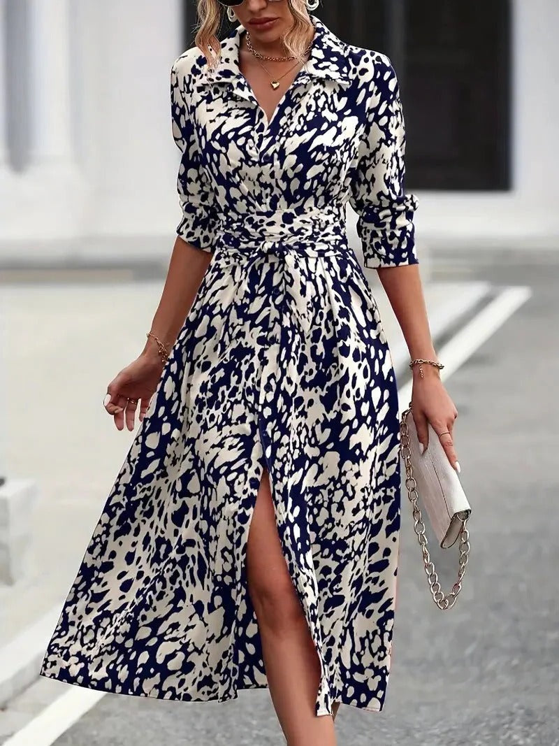 Valentina | Damen Hemdblusenkleid Midi, A-Linie mit Bindegürtel Print