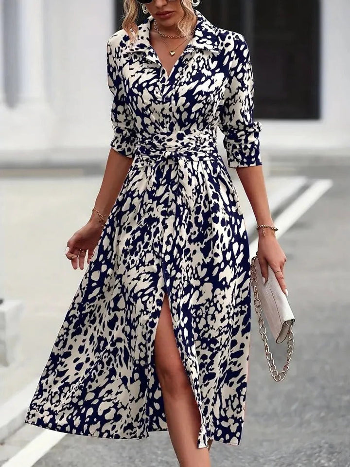 Valentina | Damen Hemdblusenkleid Midi, A-Linie mit Bindegürtel Print