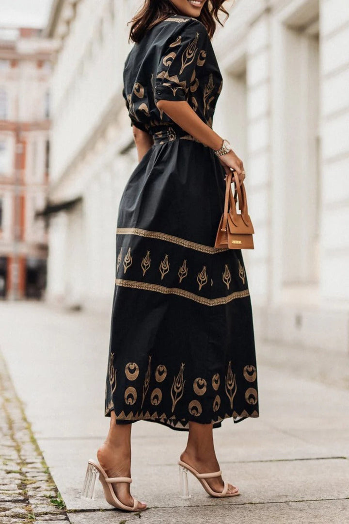 Freya | Damen Midi Kleid mit Goldprint, Kurzarm A-Linie Bindegürtel