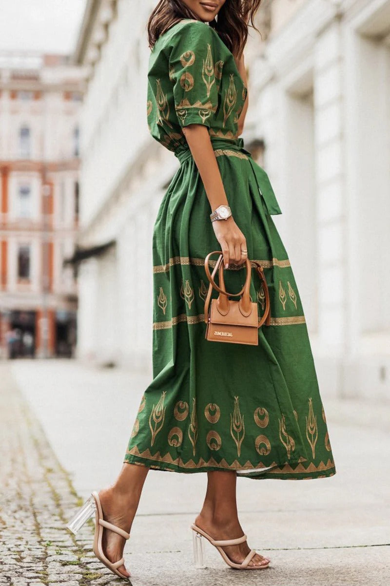 Freya | Damen Midi Kleid mit Goldprint, Kurzarm A-Linie Bindegürtel