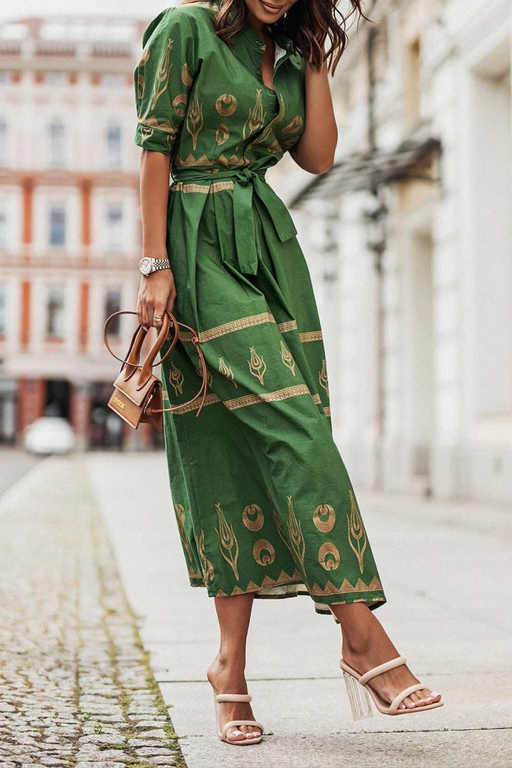Freya | Damen Midi Kleid mit Goldprint, Kurzarm A-Linie Bindegürtel