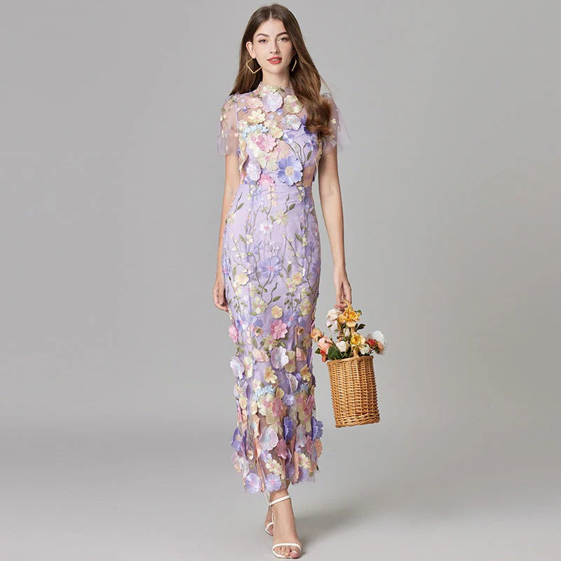 Aurelia | Damen Maxikleid mit 3D Blumenstickerei, ärmellos festlich