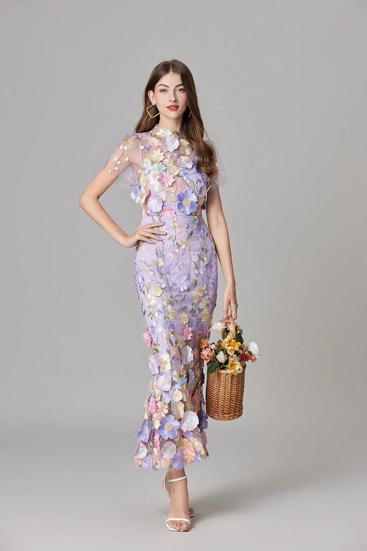 Aurelia | Damen Maxikleid mit 3D Blumenstickerei, ärmellos festlich