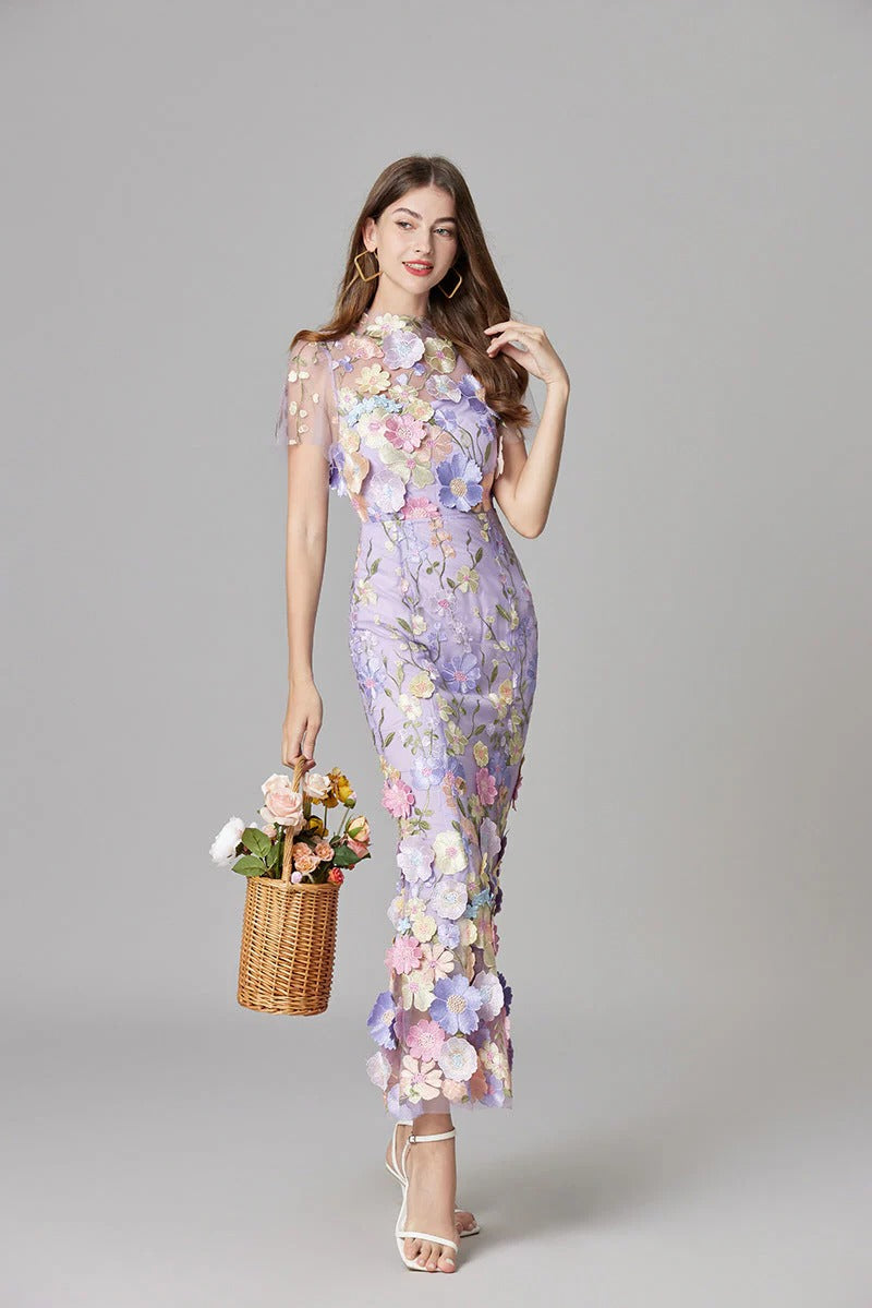 Aurelia | Damen Maxikleid mit 3D Blumenstickerei, ärmellos festlich
