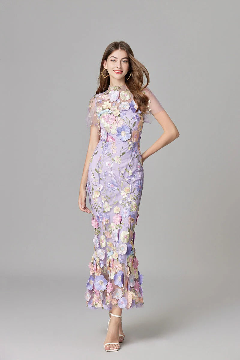 Aurelia | Damen Maxikleid mit 3D Blumenstickerei, ärmellos festlich