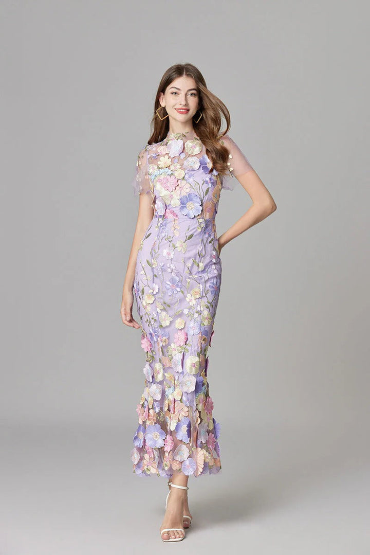 Aurelia | Damen Maxikleid mit 3D Blumenstickerei, ärmellos festlich