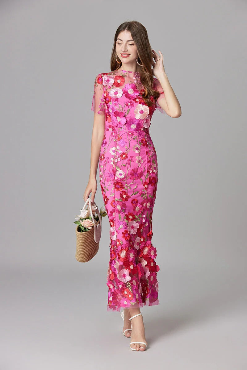 Aurelia | Damen Maxikleid mit 3D Blumenstickerei, ärmellos festlich