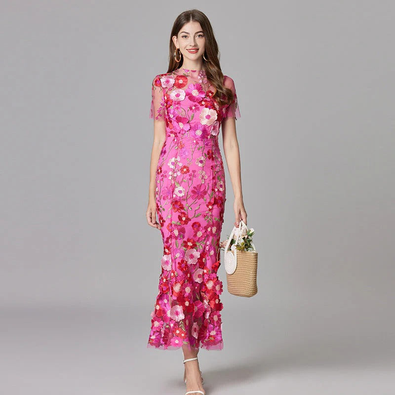 Aurelia | Damen Maxikleid mit 3D Blumenstickerei, ärmellos festlich