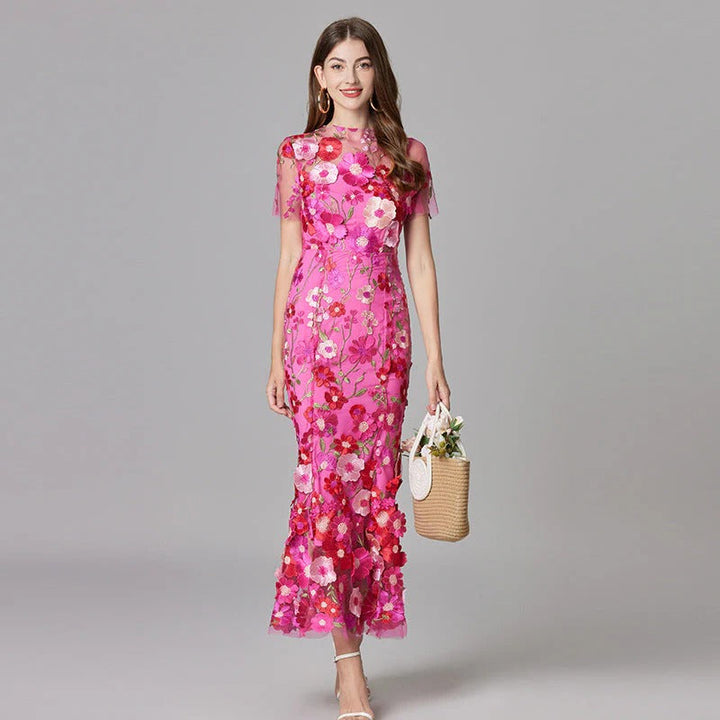 Aurelia | Damen Maxikleid mit 3D Blumenstickerei, ärmellos festlich