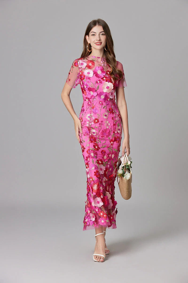 Aurelia | Damen Maxikleid mit 3D Blumenstickerei, ärmellos festlich