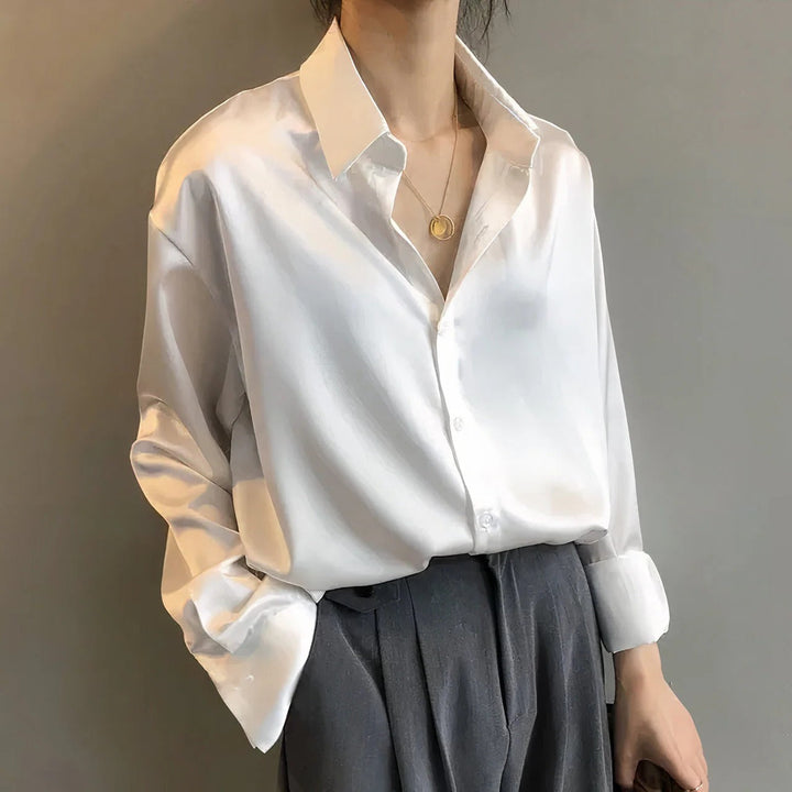 Jenna | Damen Satin Bluse, Langarm Hemdbluse elegant glänzend