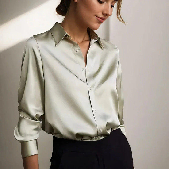 Jenna | Damen Satin Bluse, Langarm Hemdbluse elegant glänzend