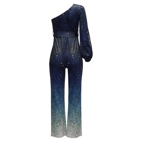 Stezza | Damen Jumpsuit One-Shoulder, Glitzer Ombré weites Bein