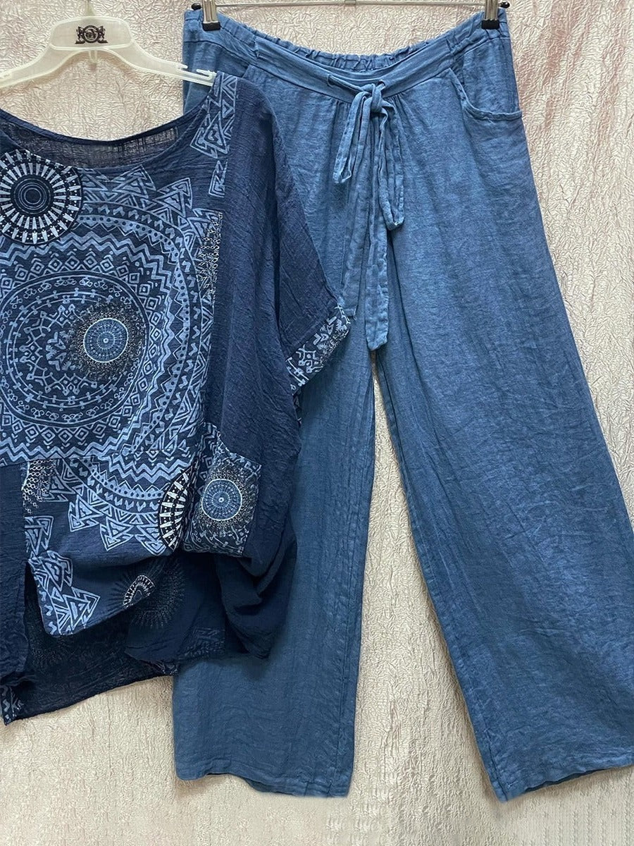 Sahara | Damen Zweiteiler Hose Set, Mandala Print Rundhals Sommer