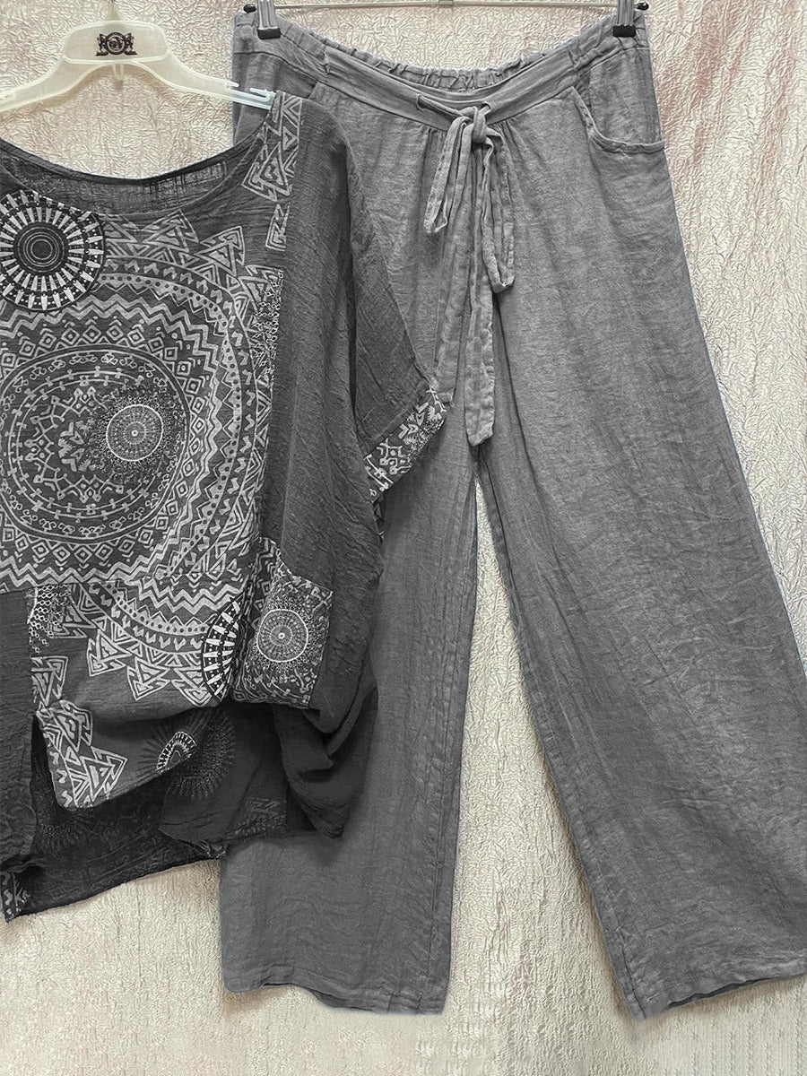 Sahara | Damen Zweiteiler Hose Set, Mandala Print Rundhals Sommer