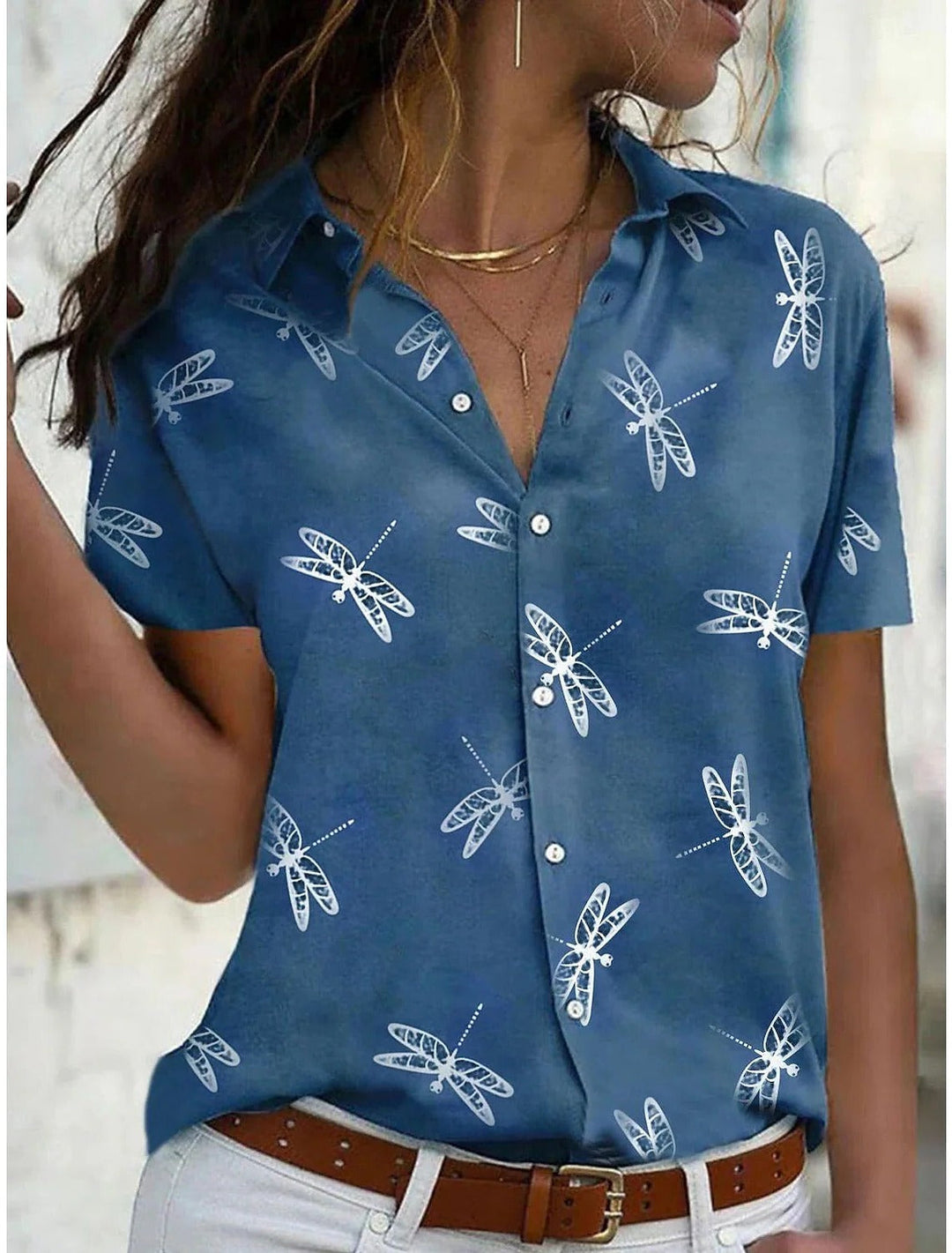 Lara | Damen Kurzarmbluse mit Libellenmuster, Hemdbluse Sommer