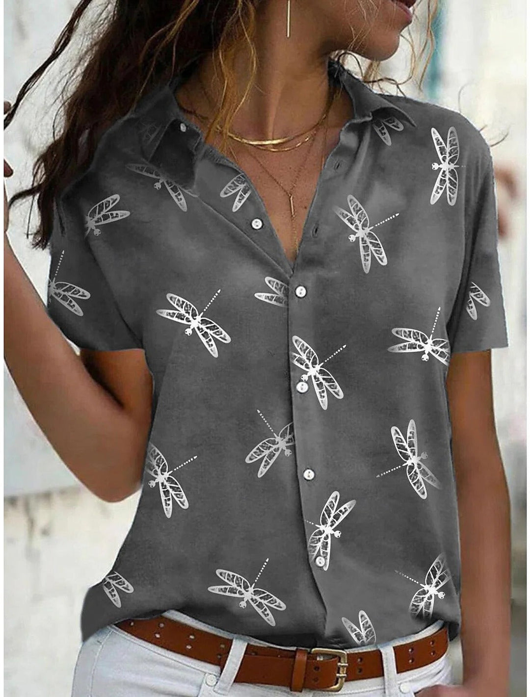 Lara | Damen Kurzarmbluse mit Libellenmuster, Hemdbluse Sommer