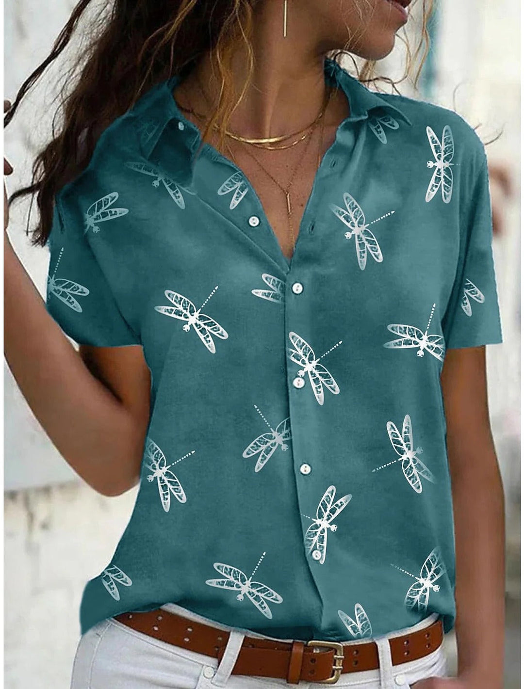 Lara | Damen Kurzarmbluse mit Libellenmuster, Hemdbluse Sommer